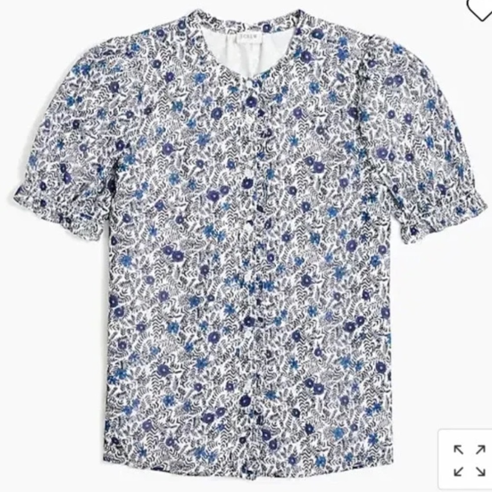 J.Crew Blue Floral Crinkle Puff-Sleeve Ruffle Button-Up Top - Picture 2 of 16